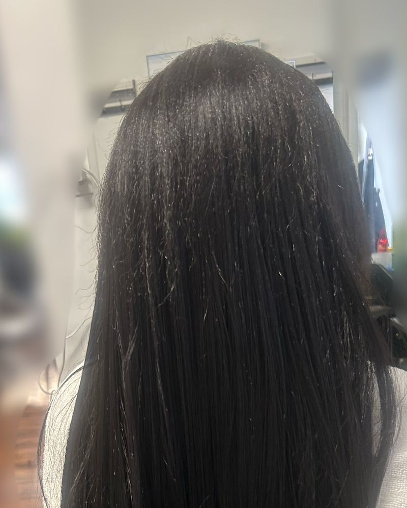 Glossy black silk press falling straight past the shoulder blades, seen from behind