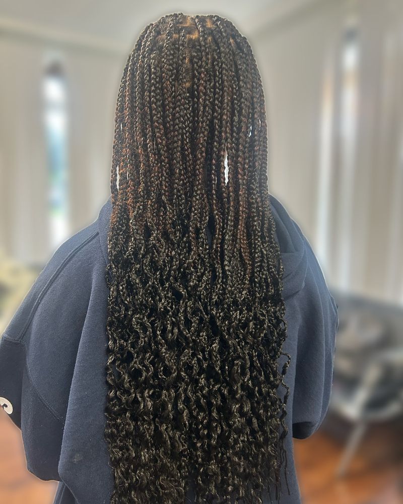 Waist-length boho knotless braids with brown highlights, seen from behind