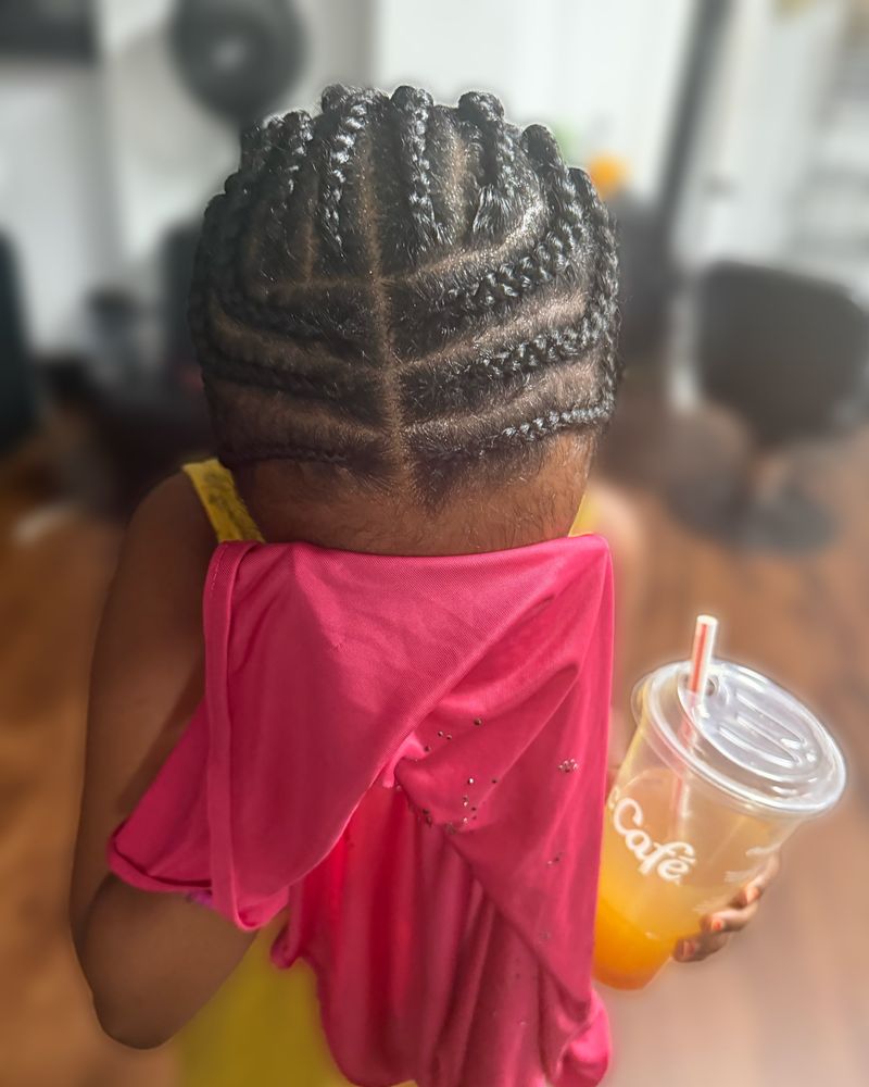 Child's curved cornrows sweeping to the back