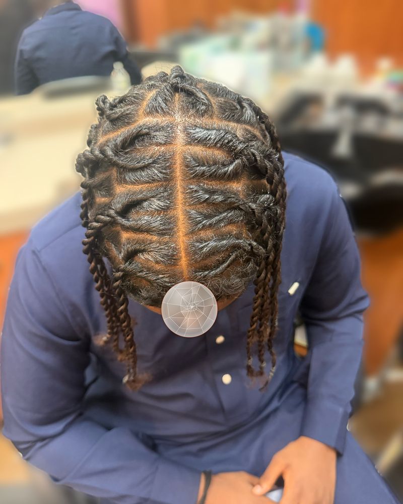 Men's two-strand twists with curved parts, seen from above