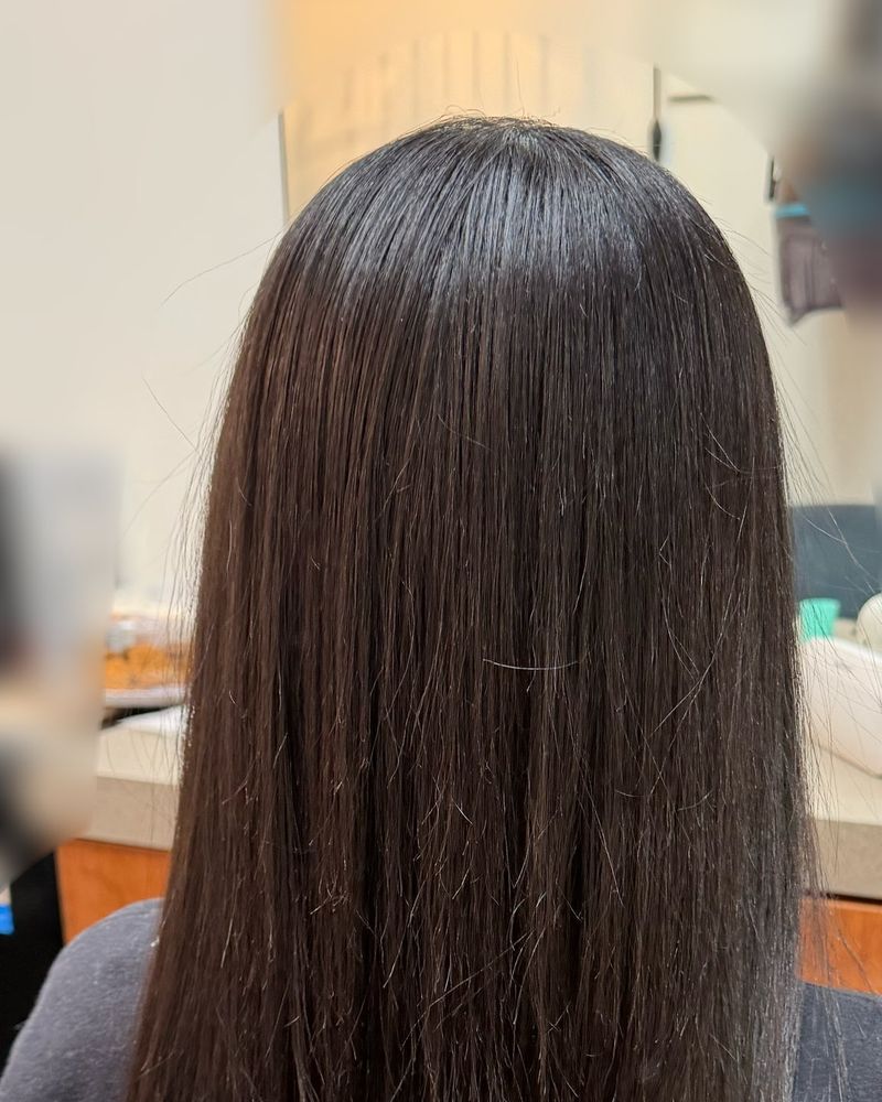 Sleek, glossy silk press on long dark brown hair, seen from behind